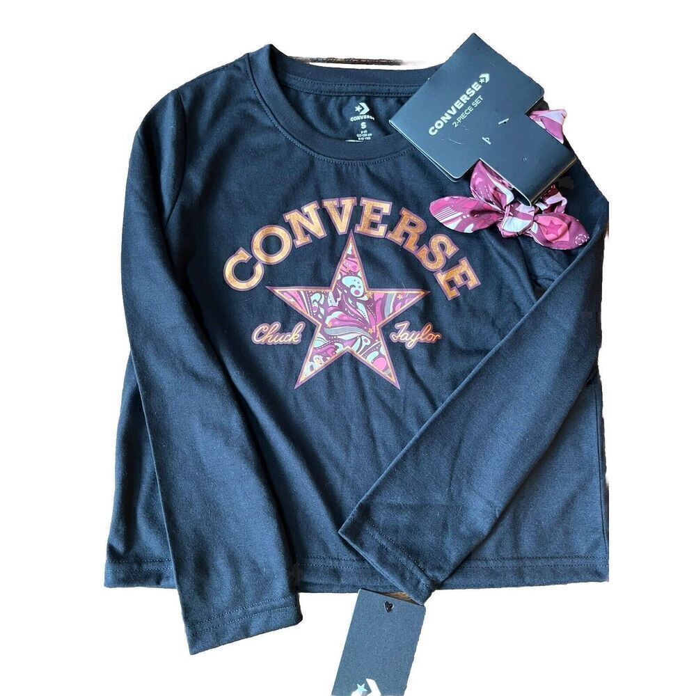 Converse Girls  2 Piece Black Long Sleeve Top  Size S and Scrunchie